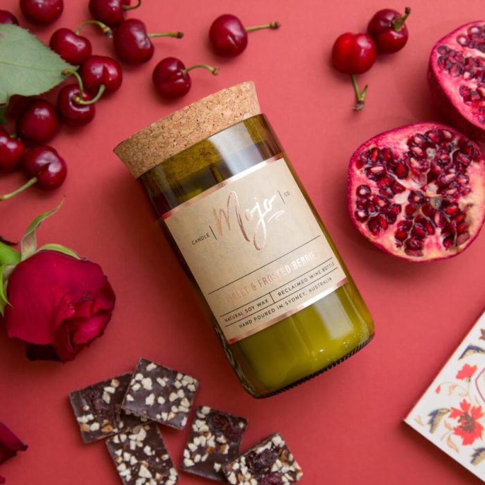 Candle Soy Wax Reclaimed Wine Bottle Violet & Frosted Berries - Mojo Candle Co