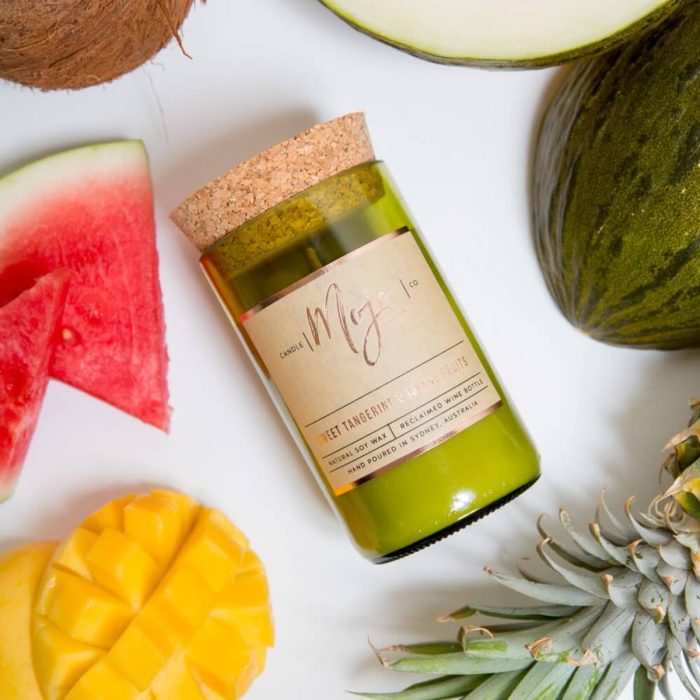 Candle Soy Wax Reclaimed Wine Bottle Sweet Tangerine & Island Fruits - Mojo Candle Co