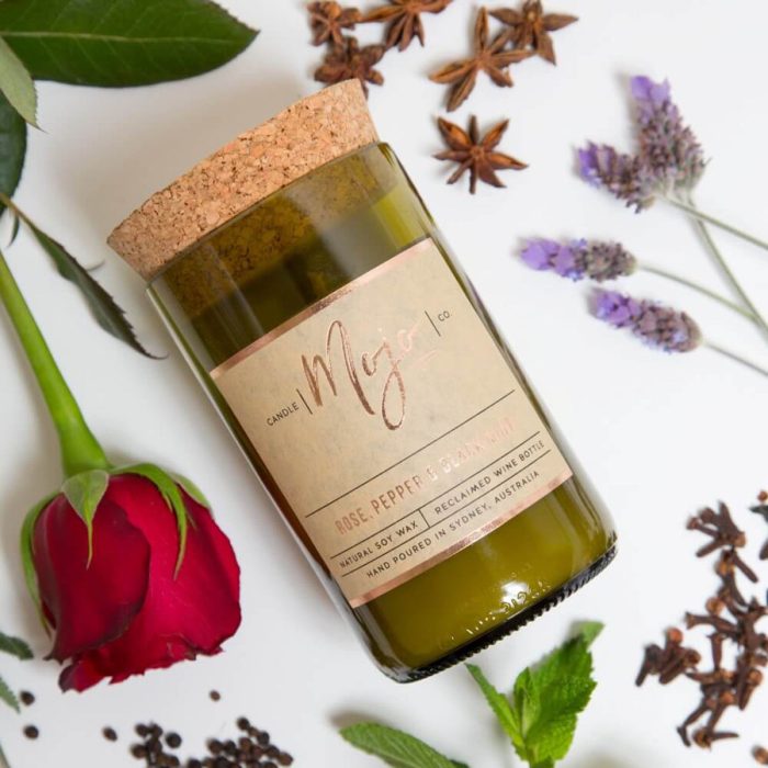 Candle Soy Wax Reclaimed Wine Bottle Rose Pepper & Blackmint - Mojo Candle Co