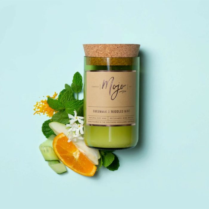 Candle Soy Wax Reclaimed Wine Bottle Cucumber and Muddled Mint - Mojo Candle Co