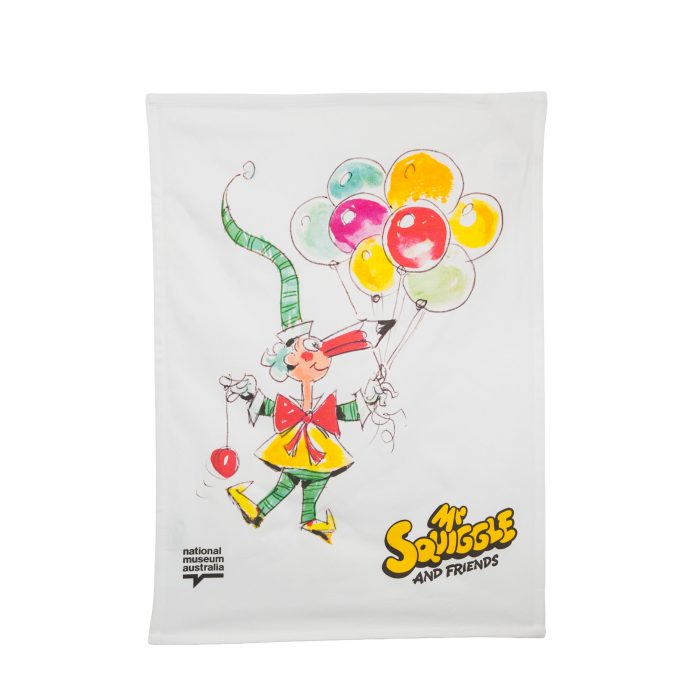 Teatowel Organic Cotton White Mr Squiggle with Balloons